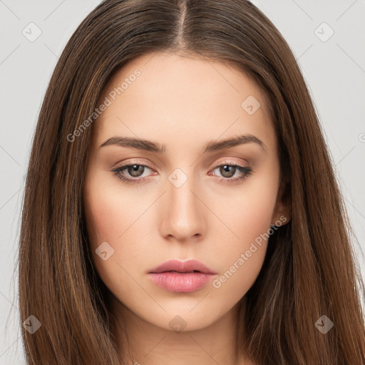 Neutral white young-adult female with long  brown hair and brown eyes