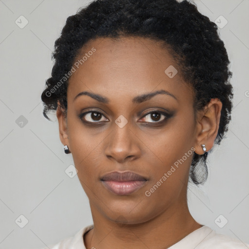 Neutral black young-adult female with short  black hair and brown eyes