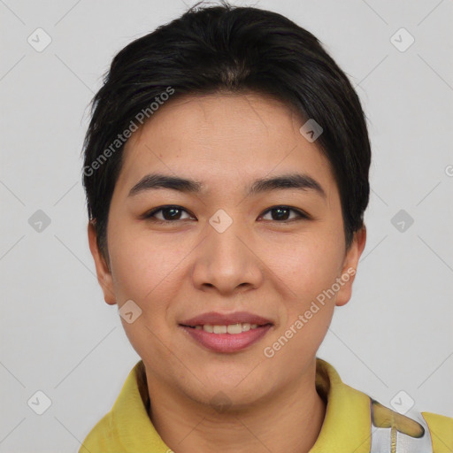 Joyful asian young-adult female with short  brown hair and brown eyes