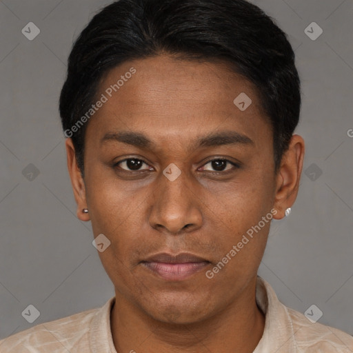 Neutral latino adult male with short  brown hair and brown eyes