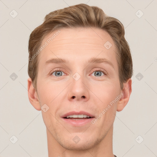 Joyful white adult male with short  brown hair and grey eyes