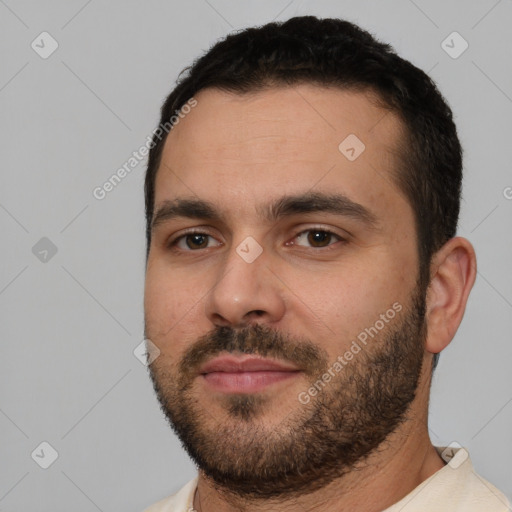 Neutral white young-adult male with short  black hair and brown eyes