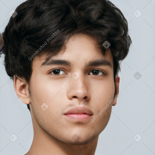 Neutral white young-adult male with short  black hair and brown eyes