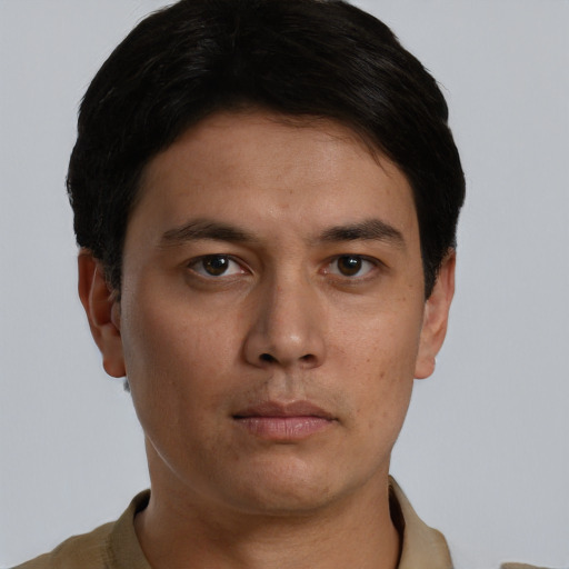 Neutral asian young-adult male with short  brown hair and brown eyes