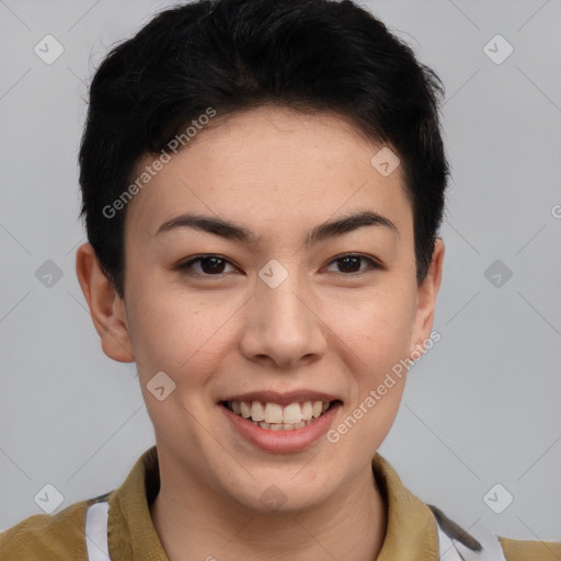 Joyful latino young-adult female with short  brown hair and brown eyes