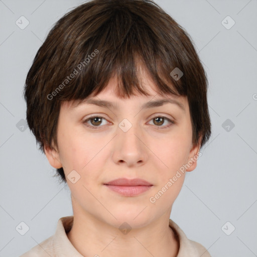 Neutral white young-adult female with short  brown hair and brown eyes