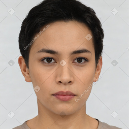 Neutral asian young-adult female with short  black hair and brown eyes