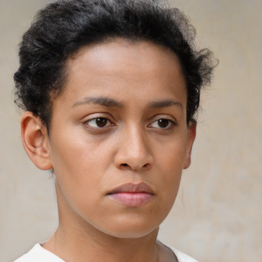 Neutral white young-adult female with short  brown hair and brown eyes