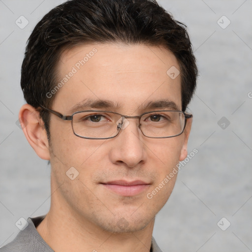 Neutral white young-adult male with short  brown hair and grey eyes