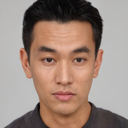 Neutral asian young-adult male with short  black hair and brown eyes