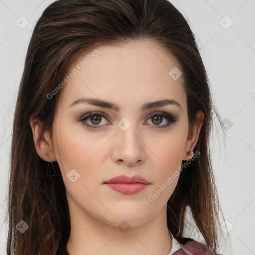 Neutral white young-adult female with long  brown hair and brown eyes