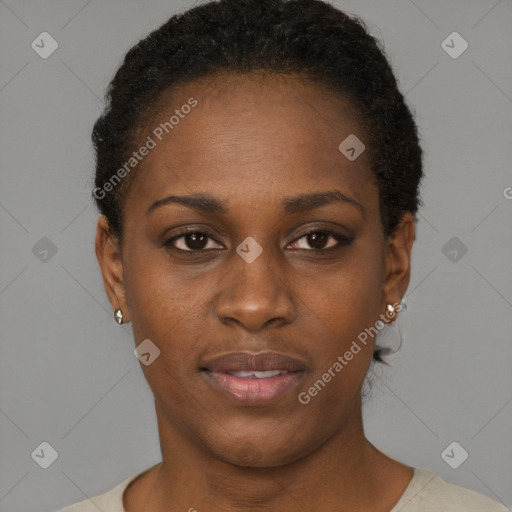 Neutral black young-adult female with short  black hair and brown eyes