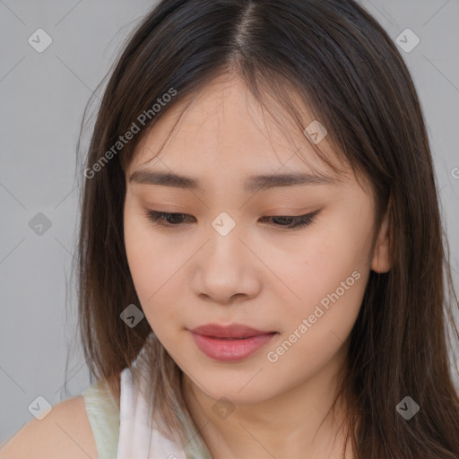 Neutral white young-adult female with medium  brown hair and brown eyes