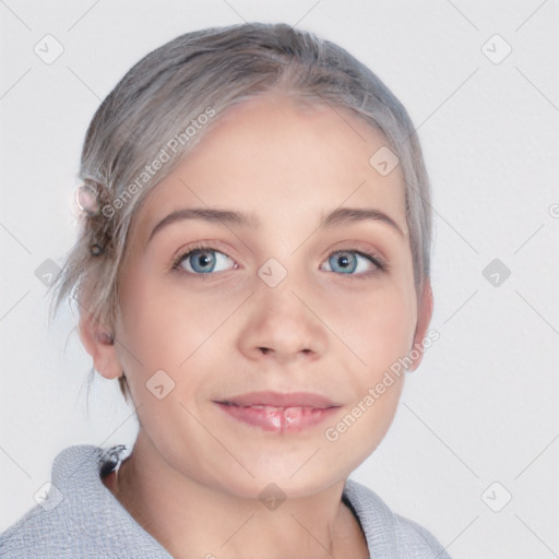 Joyful white young-adult female with short  brown hair and blue eyes