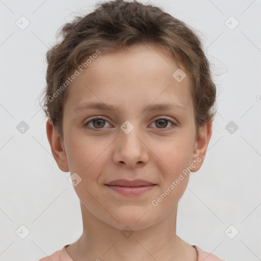 Joyful white child female with short  brown hair and brown eyes