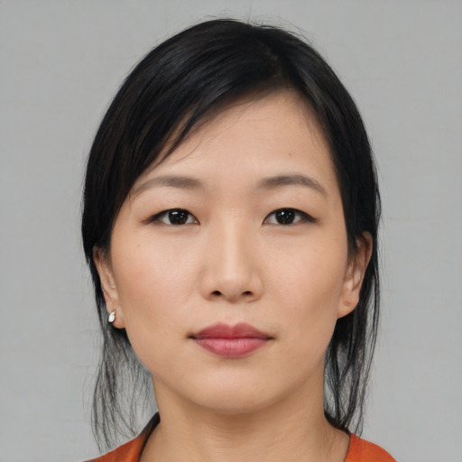 Neutral asian young-adult female with medium  black hair and brown eyes