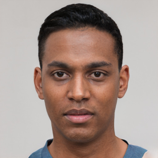 Neutral black young-adult male with short  black hair and brown eyes