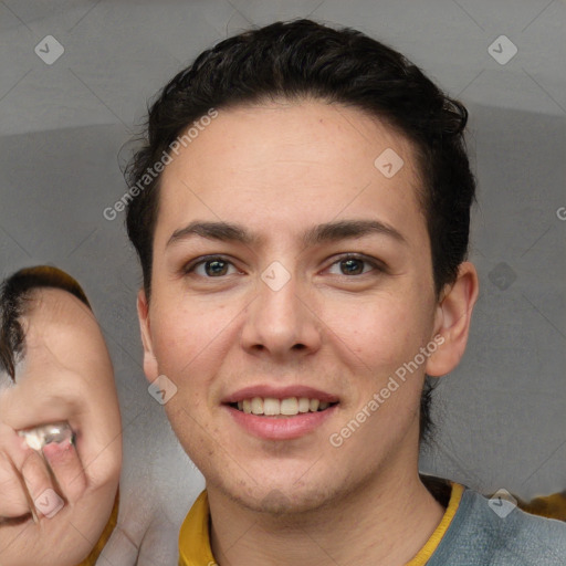 Joyful white young-adult female with short  brown hair and brown eyes