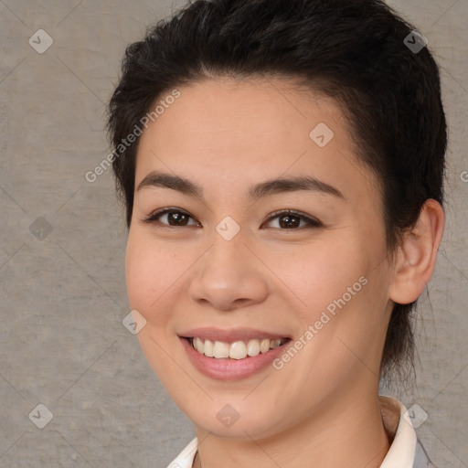 Joyful white young-adult female with medium  brown hair and brown eyes