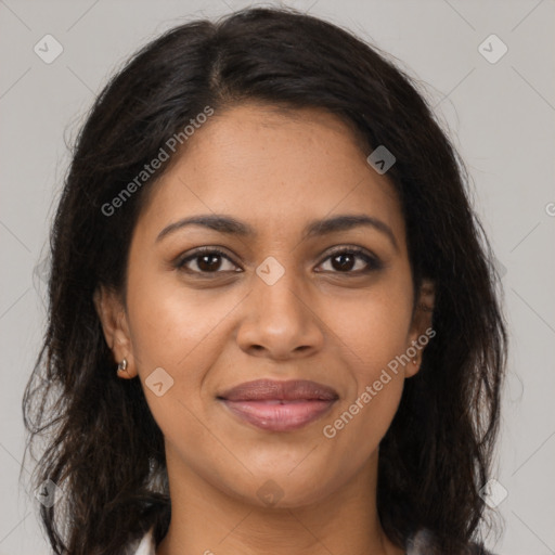 Joyful latino young-adult female with medium  brown hair and brown eyes