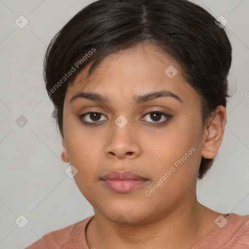 Neutral white young-adult female with short  brown hair and brown eyes