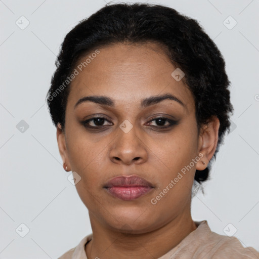 Neutral black young-adult female with short  black hair and brown eyes