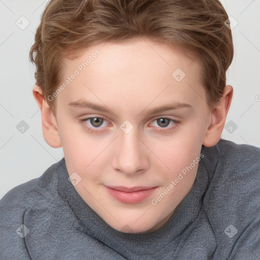 Joyful white child female with short  brown hair and grey eyes