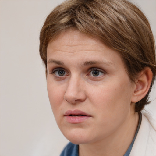 Neutral white young-adult female with medium  brown hair and brown eyes