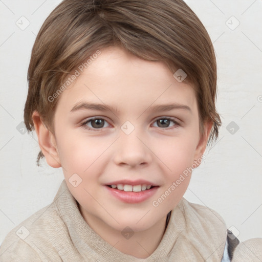 Joyful white child female with short  brown hair and brown eyes