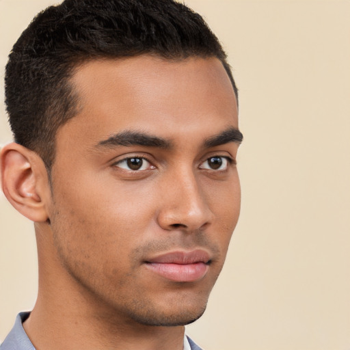 Neutral white young-adult male with short  brown hair and brown eyes