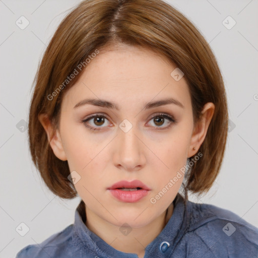 Neutral white young-adult female with medium  brown hair and brown eyes