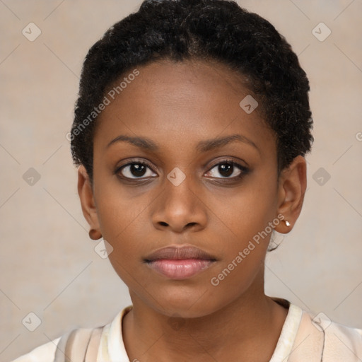 Neutral black young-adult female with short  black hair and brown eyes