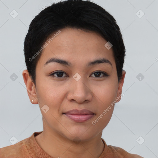 Joyful asian young-adult female with short  brown hair and brown eyes