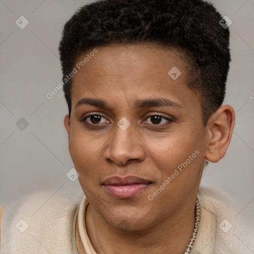 Joyful black young-adult female with short  brown hair and brown eyes