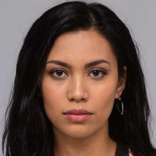 Neutral asian young-adult female with long  black hair and brown eyes