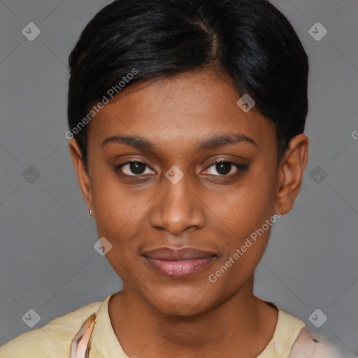 Joyful latino young-adult female with short  black hair and brown eyes