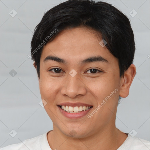 Joyful asian young-adult female with short  brown hair and brown eyes