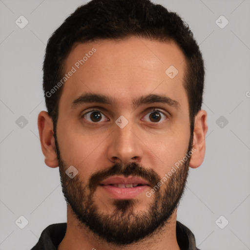 Neutral white young-adult male with short  brown hair and brown eyes