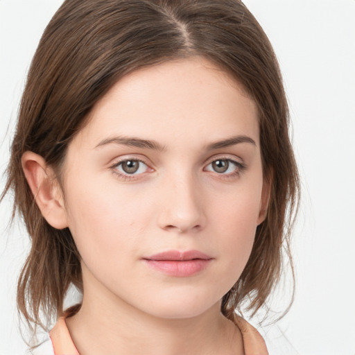 Neutral white young-adult female with medium  brown hair and grey eyes