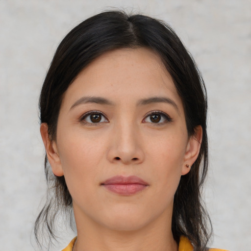 Neutral asian young-adult female with medium  brown hair and brown eyes