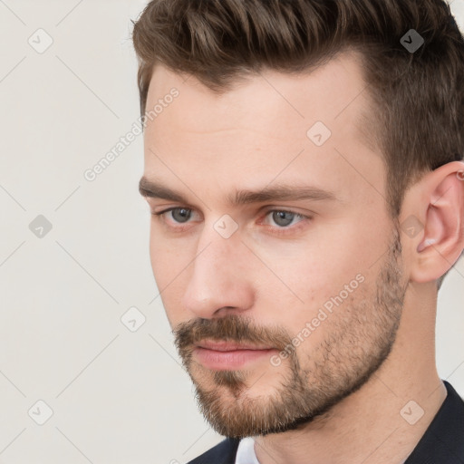 Neutral white young-adult male with short  brown hair and brown eyes