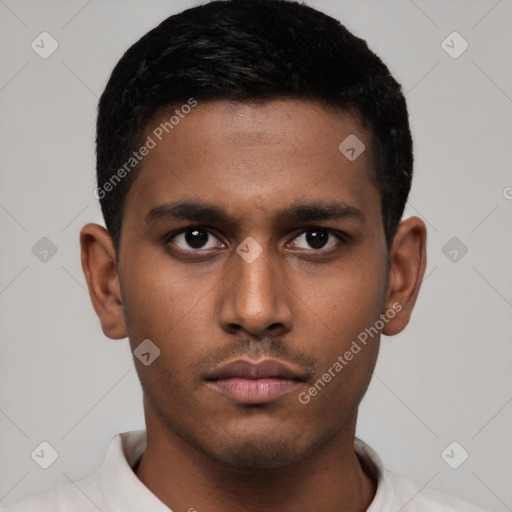 Neutral latino young-adult male with short  black hair and brown eyes