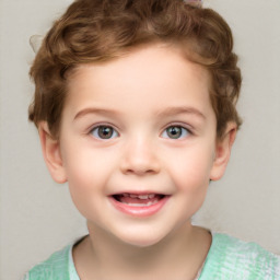 Joyful white child female with short  brown hair and grey eyes