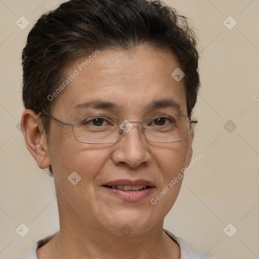 Joyful white adult female with short  brown hair and brown eyes