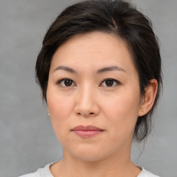 Neutral asian young-adult female with medium  brown hair and brown eyes