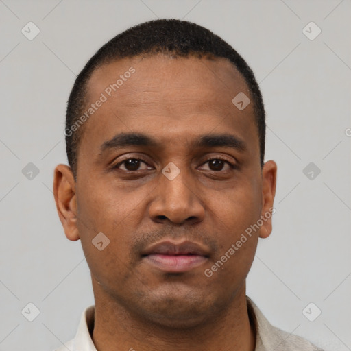 Neutral black young-adult male with short  black hair and brown eyes