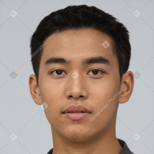 Neutral asian young-adult male with short  black hair and brown eyes