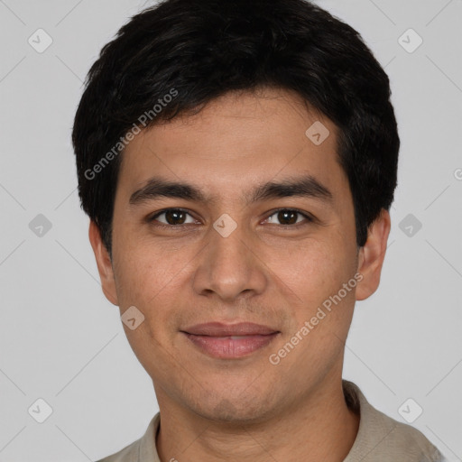 Joyful white young-adult male with short  black hair and brown eyes