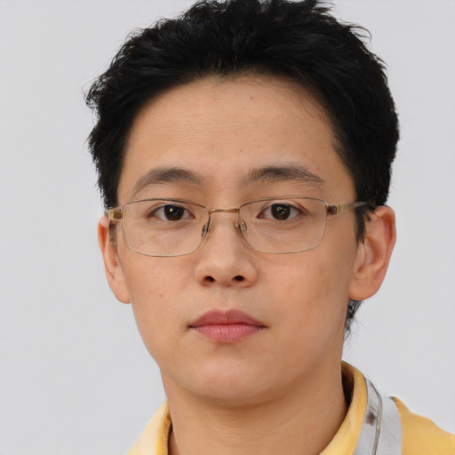 Neutral asian young-adult male with short  brown hair and brown eyes