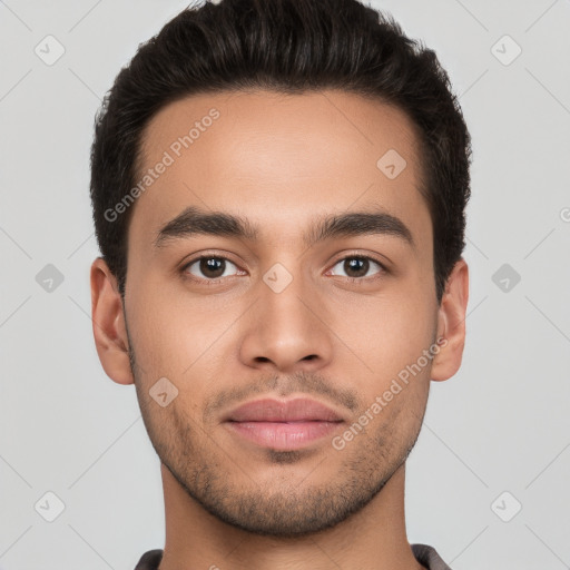 Neutral white young-adult male with short  brown hair and brown eyes